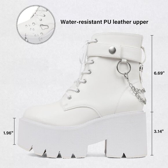 Women's Vegan Leather White Chunky Wedge Lace Up & Zipper Ankle Heel Party Boots - Picture 5 of 6